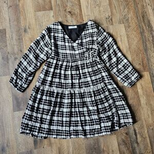Zara Kids Girls Long Sleeve V Neck Pleated Wrap Dress Black White Plaid Sz 11-12